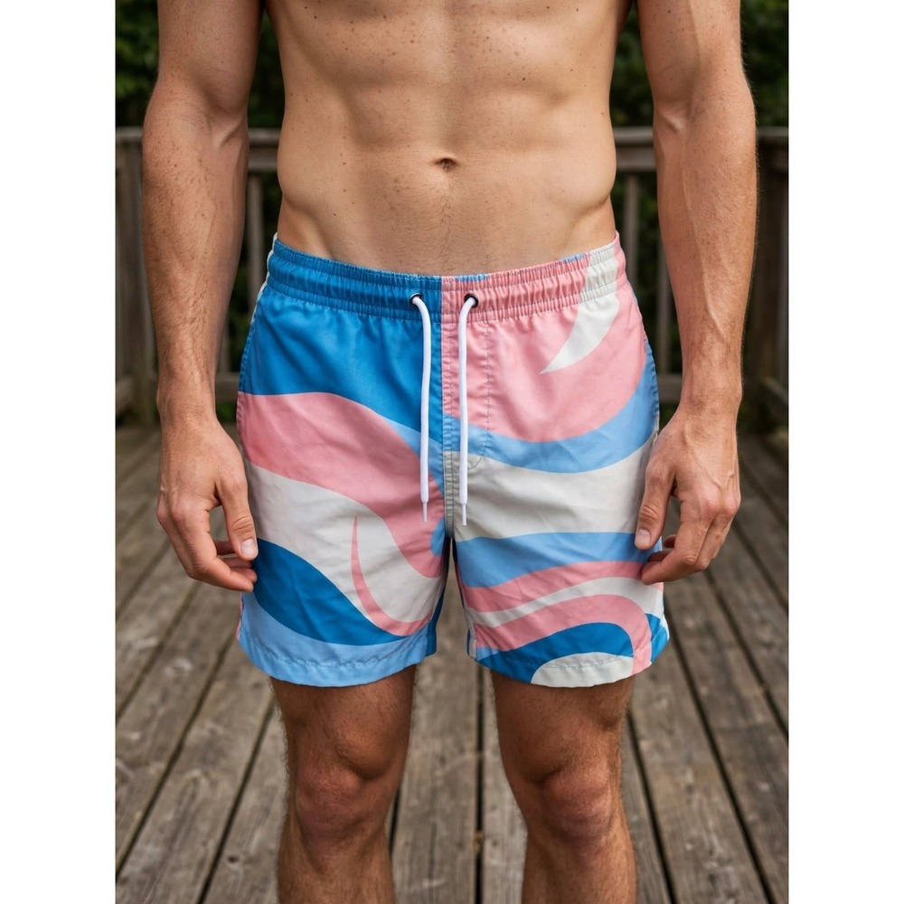 Trunks Surf & Swim Men's Blue & Coral 5.5 Swirl Design Swim Trunks Shorts Med